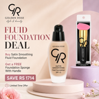 Golden Rose Fluid Foundation Satin Smoothing SPF 15 bottle displayed on a pink pedestal alongside its retail box and a pink makeup sponge, with promotional text on a soft beige and pink background.